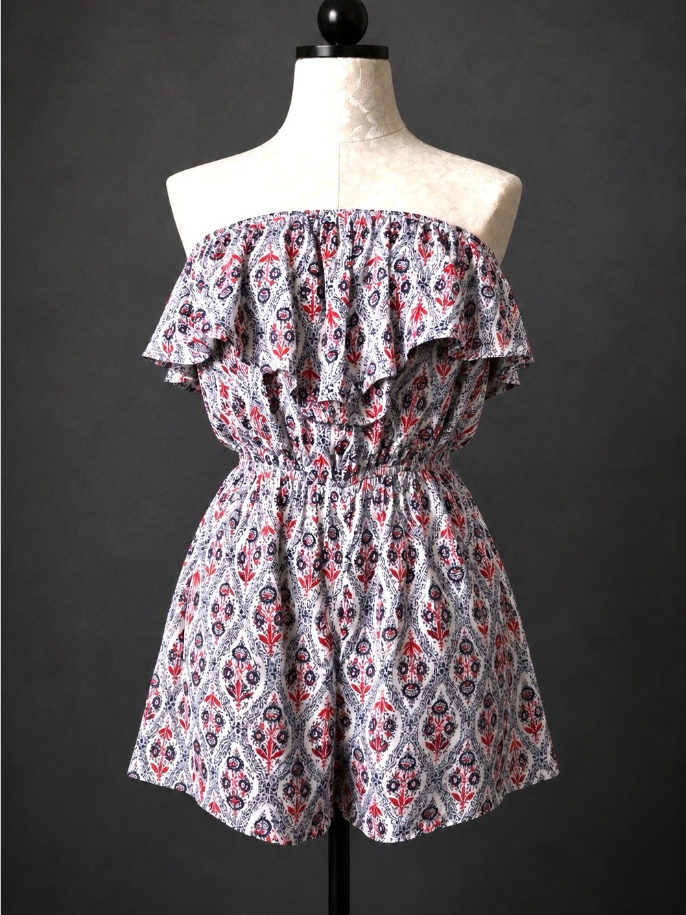 Strapless Floral Print Ruffle Romper